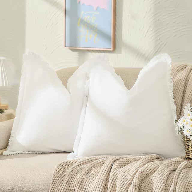 ZWJD Farmhouse Pillow Covers 65x65 Set of 2 White Throw Pillow Covers with Fringe Chic Cotton Decorative Pillows Square Cushion Covers for Sofa Couch Bed Living Room Boho Decor