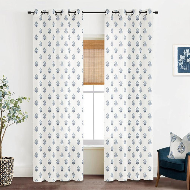 Navy Blue Curtains 96 Inches Long,Beautiful Elegant White Sheer Floral Toile Chinoiserie Curtains for Living Room Bedroom
