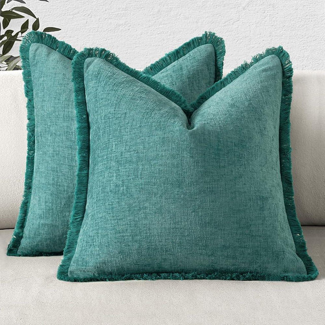 MIULEE Decorative Boho Farmhouse Throw Pillow Covers Pack of 2 Soft Cozy Couch Pillow Covers with Tassels Chenille Accent Pillowcases for Spring Sofa Bed Living Room Home Decor 20x20 Inch Teal