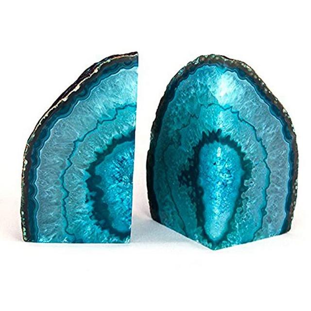 AMOYSTONE Agate Bookends Teal Pair 2-3 lbs Dyed Cut Agate Stone with Rubber Bumpers