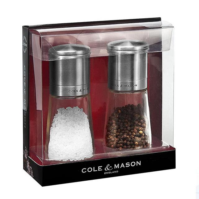 COLE & MASON Clifton Top Grinding Salt and Pepper Grinder Gift Set - Mills Include Precision Mechanisms and Premium Sea Salt and Peppercorns, Stainless Steel and Glass