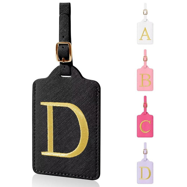 Personalized Initial Luggage Tags for Suitcases,Leather Letter Cute Luggage Tags with Privacy Name Card,Embroidered Monogrammed Travel Bag Backpack Tags Gifts for Women Kids Girls Teens(Black-D)