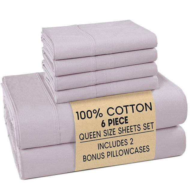 Casa Platino 100% Cotton Queen Size Sheets – Crisp Percale Sheets Queen with 4 Pillowcases, with 15" Deep Pocket Sheet for Secure Fit, Ultra Soft & Cozy, Excellent Quality & Fit – Grey Lavender