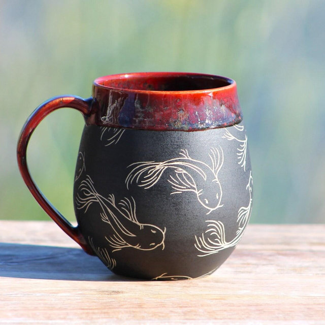 Handmade Carved Ceramic Mug | Koi Fish | Wheel Thrown Stoneware | Sgraffito