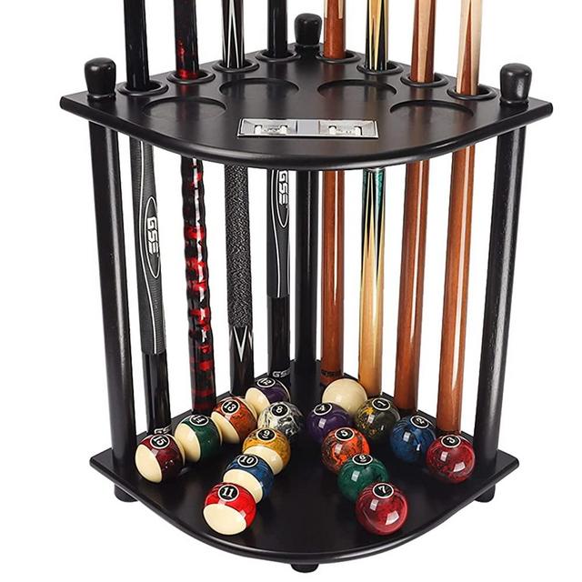 GSE Billiards Pool Stick Holder Only, Corner-Style Floor Stand Billiard Pool Cue Racks with Score Counters, Wood Billiard Cue Sticks Holds 8 Pool Cue Sticks a Full Set of Balls(Black)