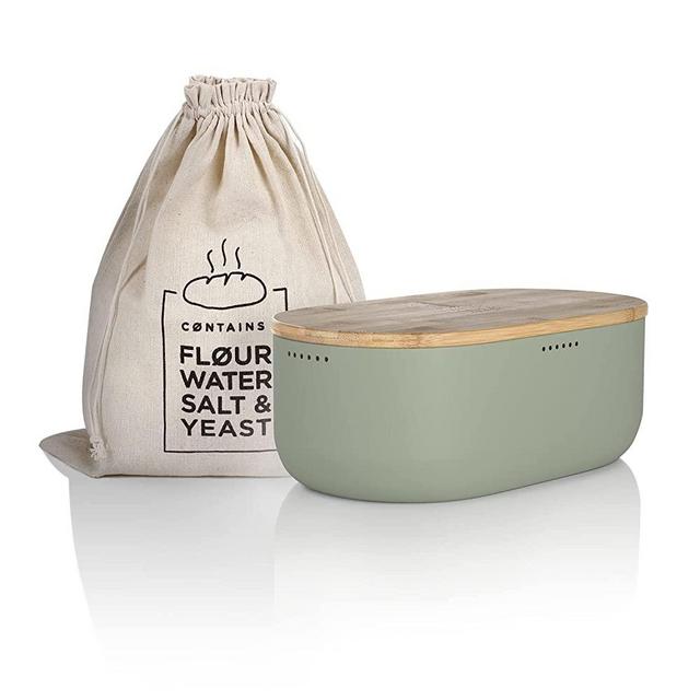LARS NYSØM Bread Box I Metal bread box with linen bread bag for long lasting freshness I Bread box with bamboo lid usable as cutting board I 14.2x7.5x5.1 In