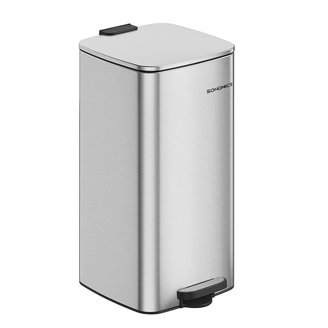 SONGMICS Trash Can, 8-Gallon (30 L) Trash Bin, Stainless Steel Kitchen Garbage Can, with Inner Bucket, Soft Close and Stays Open, Metallic Silver ULTB593E01