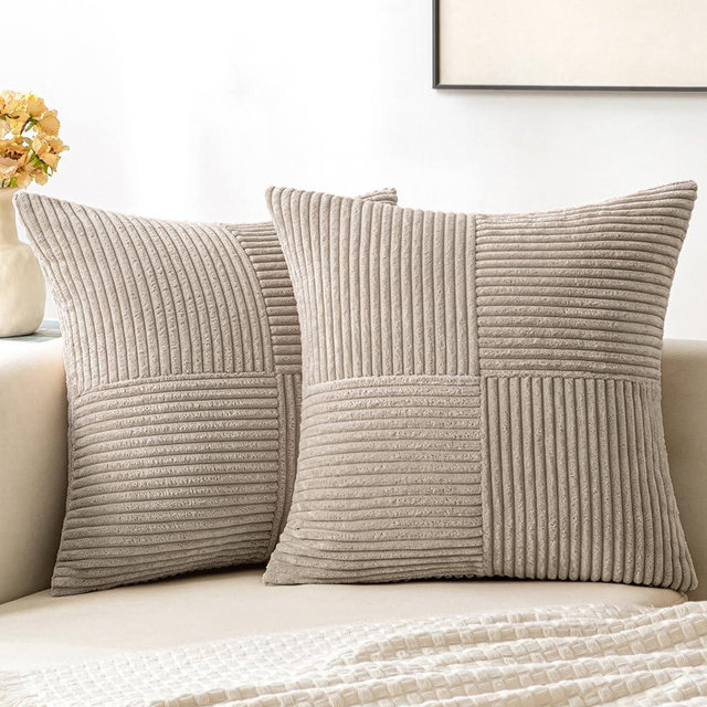 MIULEE Light Brown Corduroy Pillow Covers Pack of 2 Boho Decorative Spliced Throw Pillow Covers Soft Solid Couch Pillowcases Cross Patchwork Textured Cushion Covers for Living Room Bed Sofa 18x18 inch