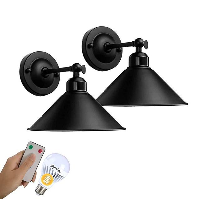 Wireless Black Wall Sconces Set Of Two, Industrial Vintage Swing Arm Wall Lamp Fixture, Battery Operated Remote Control Indoor Dimmable Wall Light Fixture for Bedroom, Easy To Install, Bulb Included