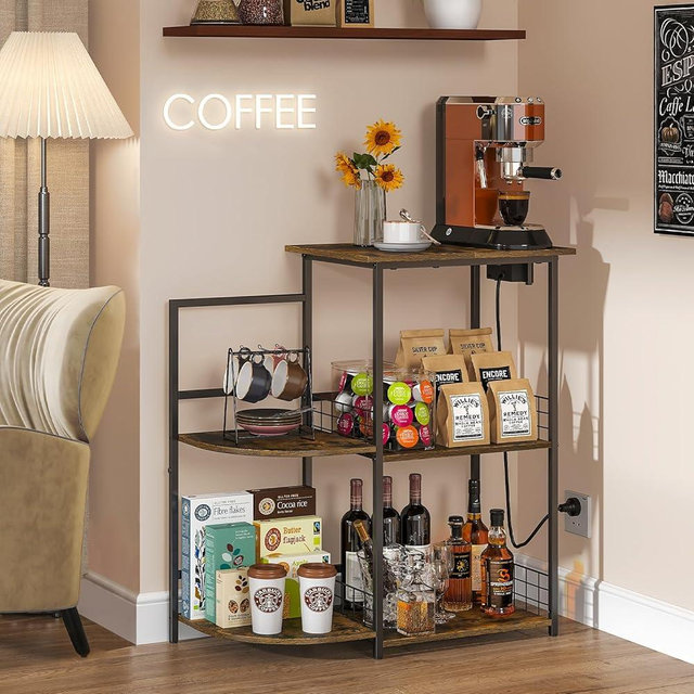 DAOUTIME 5 Tier Coffee Bar Station with Power Outlet, Coffee Stand for Save Space, Coffee Station Table, Coffee Station Organizer For Kitchen, Entryway, Living Room, Rustic Brown