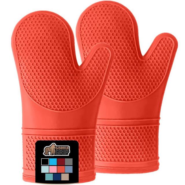 Gorilla Grip Heat and Slip Resistant Silicone Oven Mitts Set, Soft Cotton Lining, Waterproof, BPA-Free, Long Flexible Thick Gloves for Cooking, BBQ, Kitchen Mitt Potholders, Sets of 2, 12.5 in, Coral