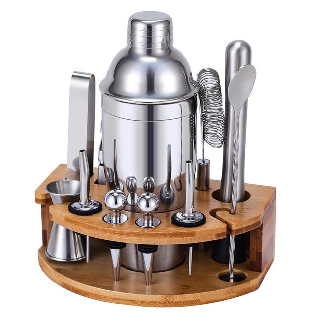 Cocktail Shaker Set Bartender Kit with Stand, 12 Piece Bar Set Drink Mixer Set with Stainless Steel Bar Accessories Tools: 25oz Martini Shaker Jigger Strainer Spoon Muddler for Cocktails (Silver)