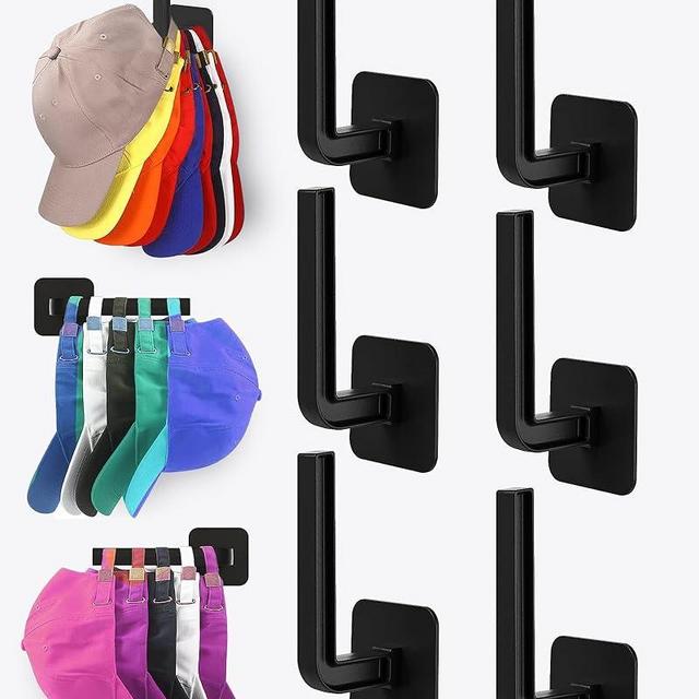 Sunfanie Hat Rack for Hat Storage (6-Pack), Multi-purpose Hat Organizer, Strong Adhesive Hat Hooks for Wall Hat Organizer for Baseball Caps, Two Mounting Options Hat Hook, Black