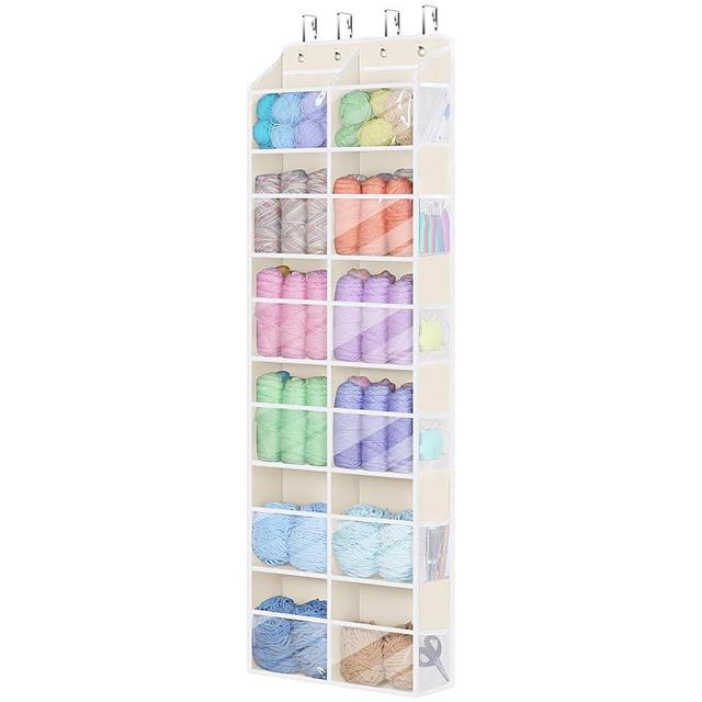 Univivi Over Door Hanging Yarn Storage Organizer, 6 Tiers Hanging Yarn Organizers and Storage with 12 Mesh Side Pockets for Crochet Accessories, Knitting Needles and Yarn Balls, Beige