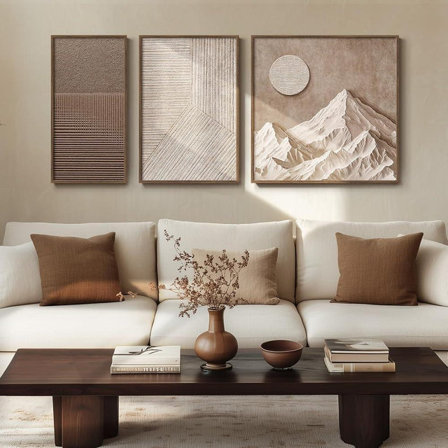 Large Framed Neutral Canvas Wall Art 3 Piece, 2D Brown Abstract Mountain Pictures Landscape Painting Prints, Wabi Sabi Wall Art Nature Geometric Lines Wall Decor for Living Room Home Office Hallway