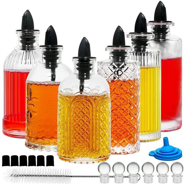 INFTYLE Coffee Syrup Dispenser Olive Oil and Vinegar Glass Bottle Set of 6 Ideal for Kitchen, Coffee Bar, Clear Simple Small Syrup Bottles, with Leak-Proof Lids, Pour Spout, Glass Stopper