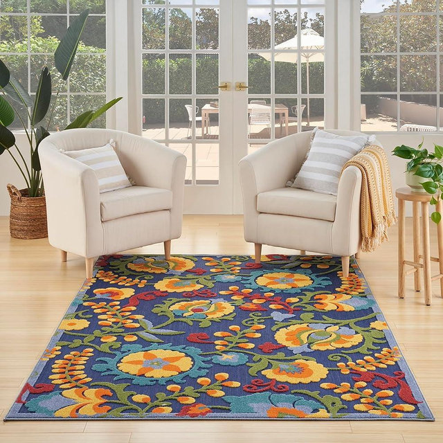 Nourison Aloha Indoor/Outdoor Modern Navy Multicolor 3'6" x 5'6" Area Rug, Easy Cleaning, Non Shedding, Bed Room, Living Room, Dining Room, Backyard, Deck, Patio (4x6)