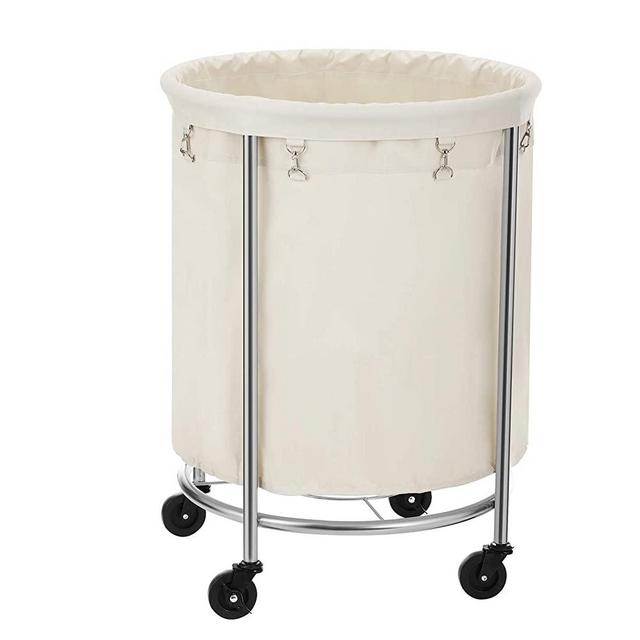 SONGMICS Round Laundry Cart, Laundry Hamper on Wheels, with Steel Frame and Removable Bag, 4 Casters and 2 Brakes, Cream and Silver Color URLS01MZ