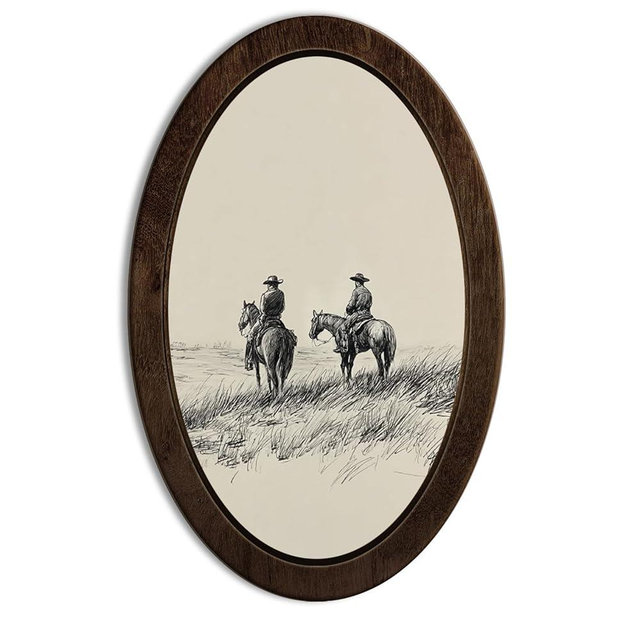 YZSLA Vintage Western Cowboy Framed Wall Art Decor, Vintage Western Decor, Rustic Country Southwest Cowboy Riding Horse Oval Wall Art Hanging Decorations for Home Bedroom Living Room, 14.56x9.05 Inch