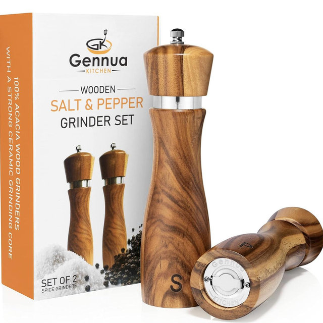 Gennua Kitchen Wooden Salt and Pepper Grinder Set: Refillable Salt & Pepper Mills Adjust for Customized Coarseness, Crafted of Solid Acacia Wood with Ceramic/Stainless Steel Core, 8 Inches Each
