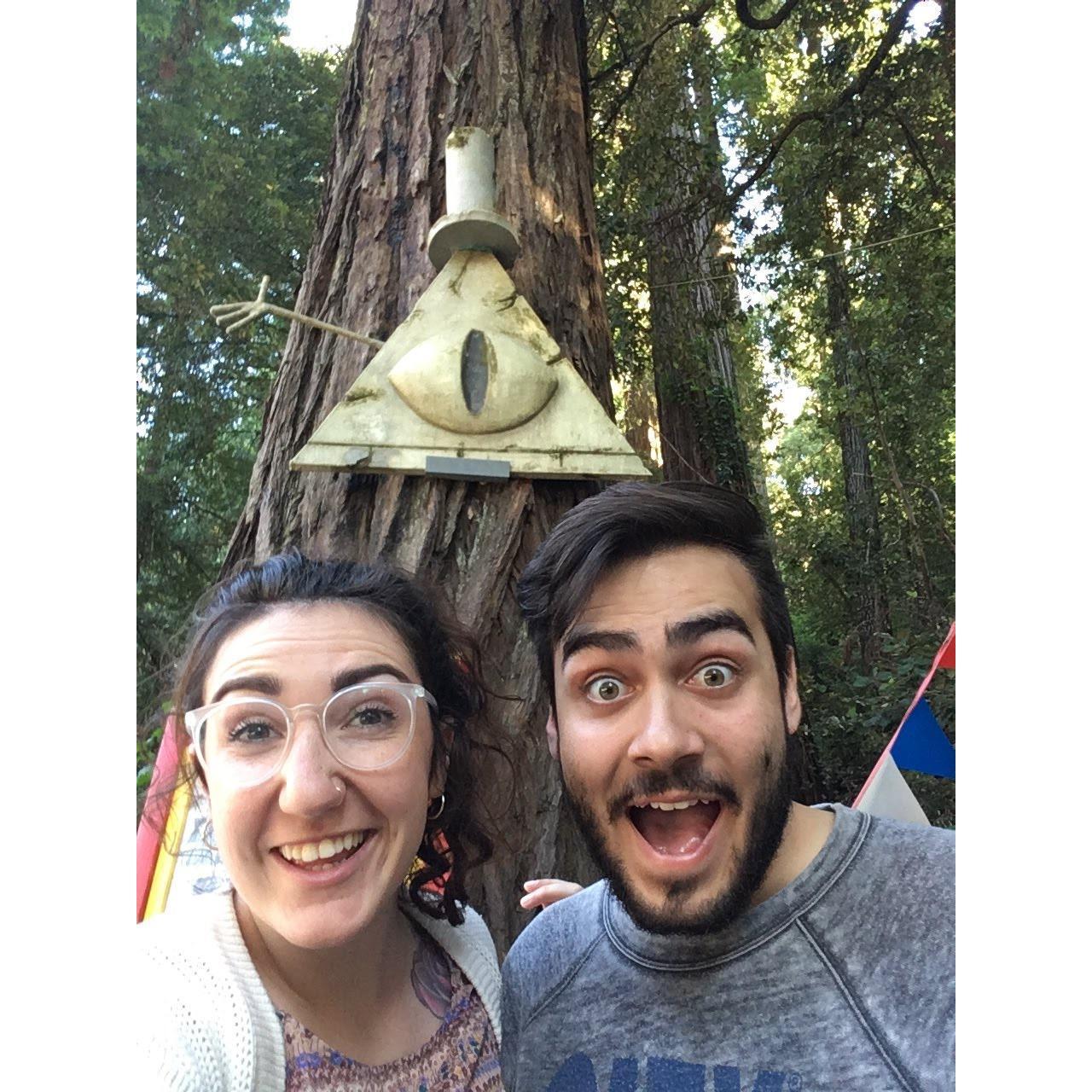 during our roadtrip back from seattle to LA, we found bill cypher from gravity falls in mendocino! (we spent several days looking for him)