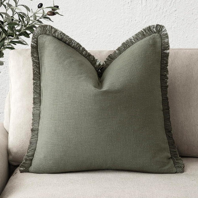 Foindtower Decorative Linen Fringe Throw Pillow Covers Cozy Boho Farmhouse Cushion Cover with Tassel Soft Accent Pillowcase for Chair Sofa Bed Living Room Home Decor, 20×20 Inch, 1PC, Olive Green