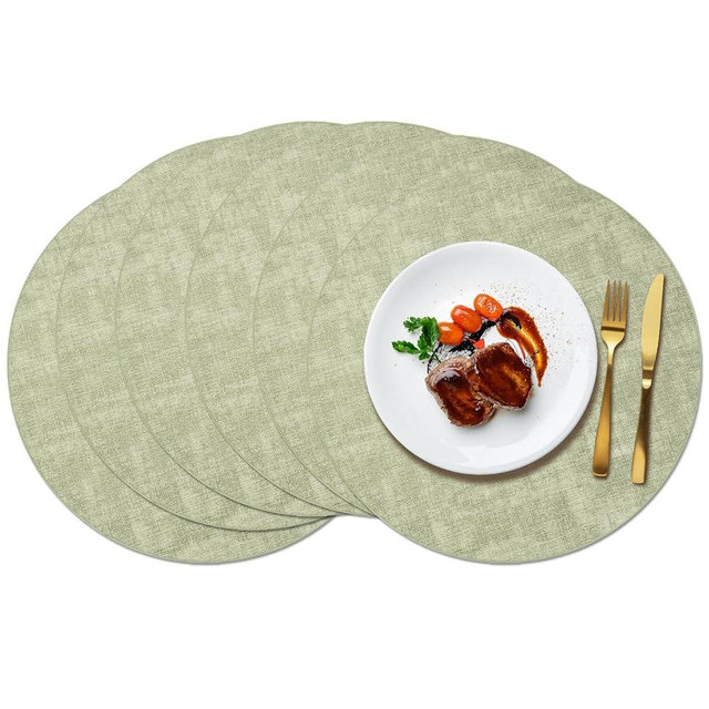 Maxpearl Round Placemats Set of 6, 13.8 inch Faux Leather Heat Resistant Table Mats, Non Slip Waterproof Wipeable Place Mats for Kitchen Dining Holiday Party Table Settings, Sage Green