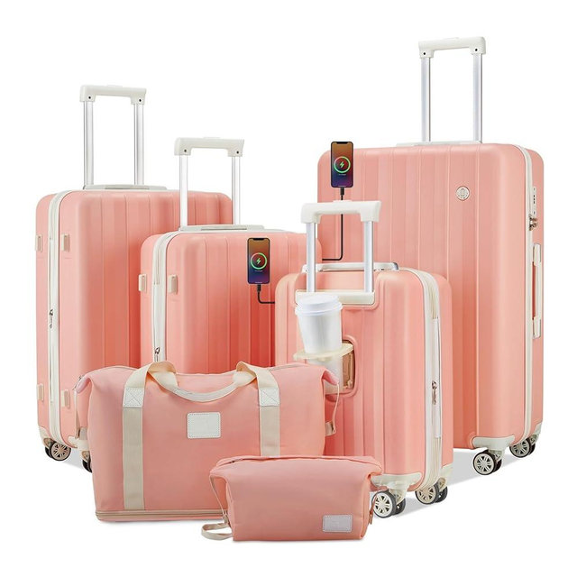 imiomo Luggage Sets 6 Piece Expandable Carry on Suitcase, Hardside with USB Port Cup Holder, Travel Spinner with Wheels TSA Lock Pink Beige