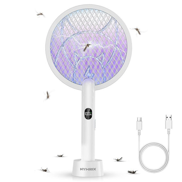 Nymrix Electric Fly Swatter Racket, 2 in 1 Mosquito Bug Zapper 4100V Handheld Mosquito Killer with 1800 mAh Rechargeable Battery, Purple Light and 3-Layer Safety Mesh for Indoor Outdoor Grey