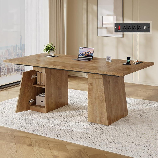 UPOSOJA 63 in Executive Desk with Power Outlets, Modern Home Office Desk with Storage Cabinet, Wood Computer Desk Business Workstation Desk Conference Table (Oak)