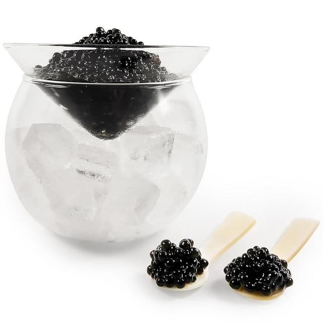 ThougrLyh Caviar Server Set Glass Caviar Dish with 2 Pcs Shell Caviar Spoons Chiller Server with Ice Holder for Shrimp Ice Cream Martinis and Cocktails Dishwasher Safe Caviar Serving Dish