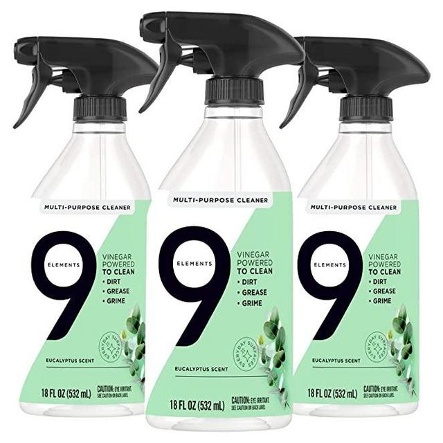 9 Elements All Purpose Cleaner, Eucalyptus Multi Surface Cleaning Vinegar Spray, 18 oz Bottles (Pack of 3)