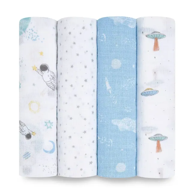 aden + anais essentials 4pk Cotton Muslin Swaddle Blankets - Space Explorers: 44x44 Inches, 200 Thread Count, Outer Space Theme