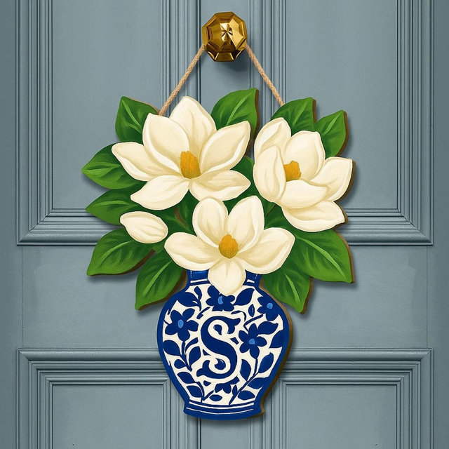 Magnolia Chinoiserie Monogram Door Hanger: Blue & White Floral Spring Decor