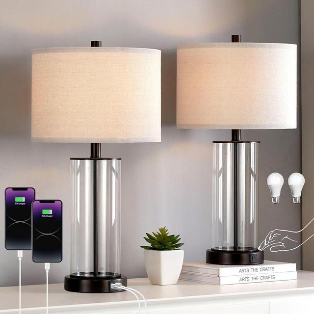 KAWOTl Clear Glass Table Lamp Set of 2 Touch Control Bedroom Lamps with USB Ports and AC Outlet Living Room Nightstand Lamp Bulbs Included(23 Inches)