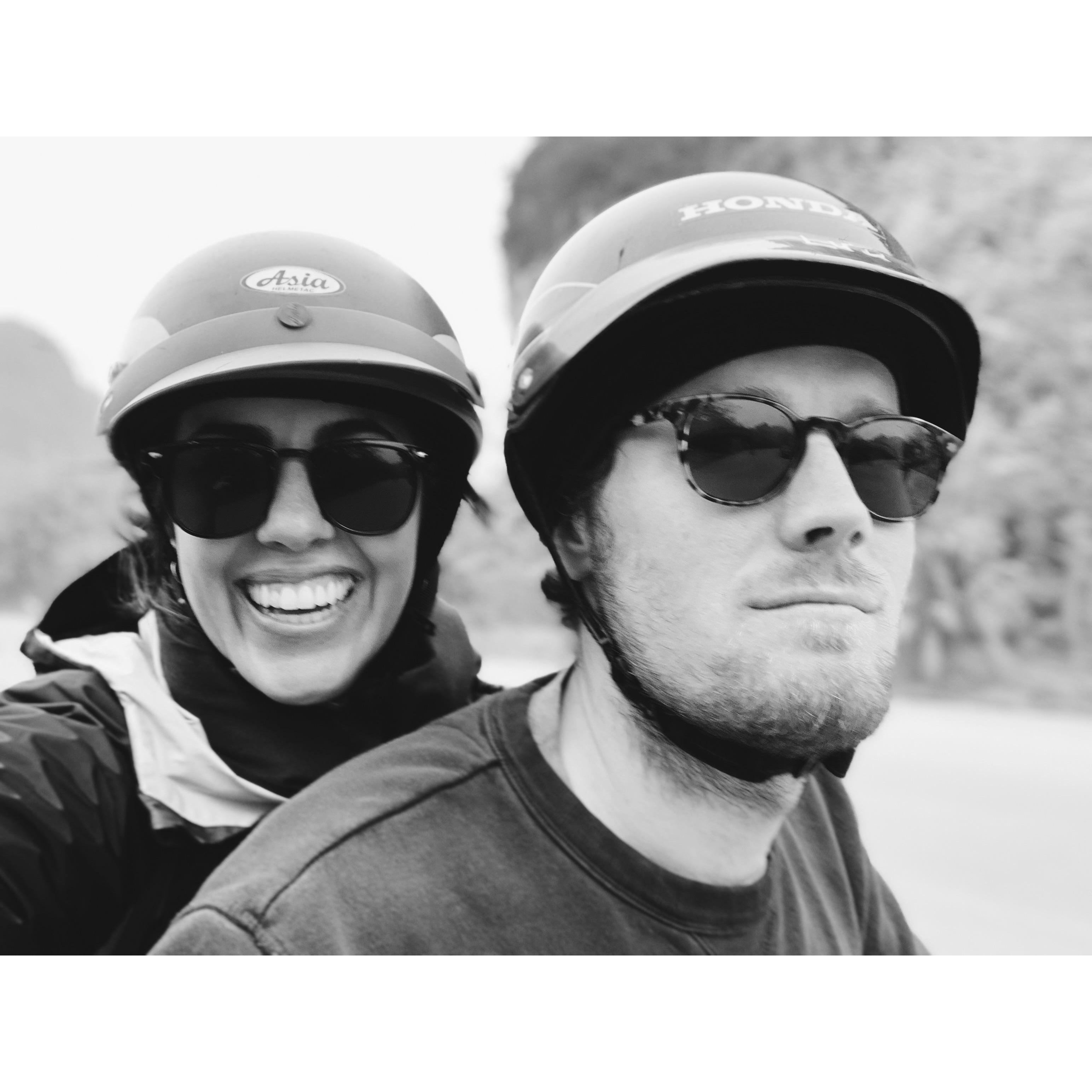 Motor bike in Vietnam. I kept riding hands free and Adam kept making me hold onto him so "I was safe". Nice try sweetie, we both know you were the scared one.