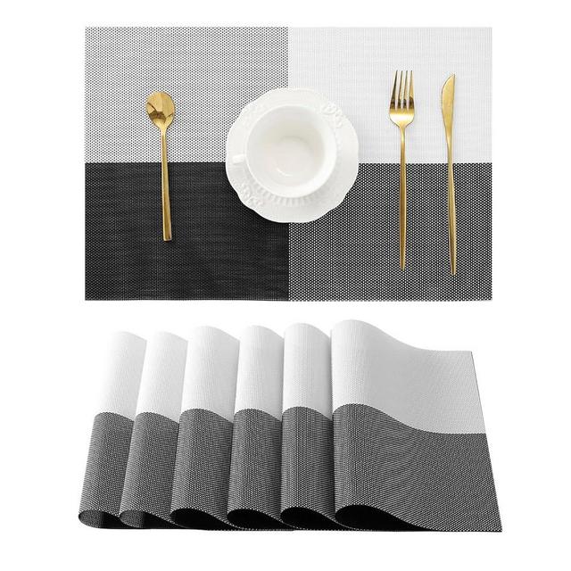 Leetaltree Gray with White Grid Pattern Placemats Set of 6 - Heat Resistant Non-Slip Place mats for Dining Table, Washable Durable PVC Vinyl Woven Table Mats（Grey Grid, 6）