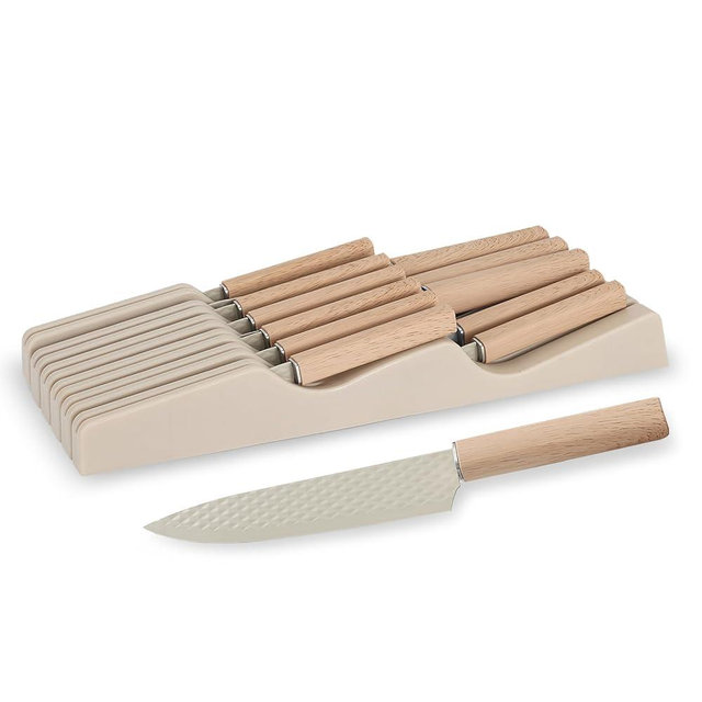In-Drawer Kitchen Knife Set, 12 Pieces Knife Block Set with In-Drawer Knife Organizer, Sharp & Non-stick Stainless Steel Chef Knife Set, Kitchen Knives Set for Kitchen Home Apartment (Khaki)