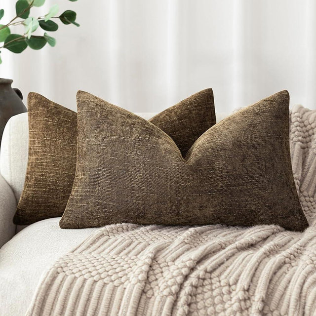 Foindtower Pack of 2 Textured Chenille Throw Decorative Pillow Covers Square Accent Solid Cushion Cover Neutral Farmhouse Lumbar Pillow Case for Couch Sofa Bedroom Living Room 12x20 Inch,Taupe Brown