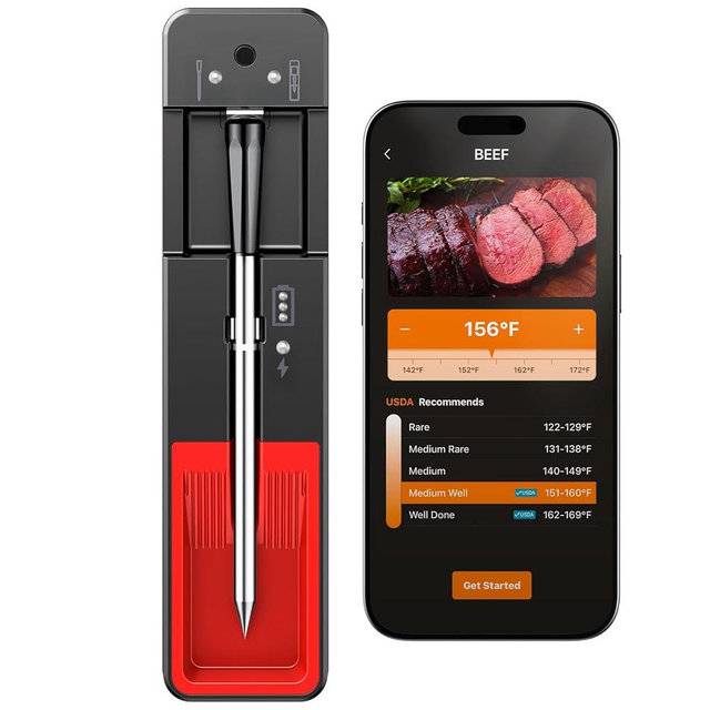 Smart Wireless Meat Thermometer with Ultra-Thin Probe, 6 Sensors Accuracy Digital Food Thermometer 0.5S Instant Read, IP67 Waterproof for BBQ, Grill, Smoker, Oven, Air Fryer,Black