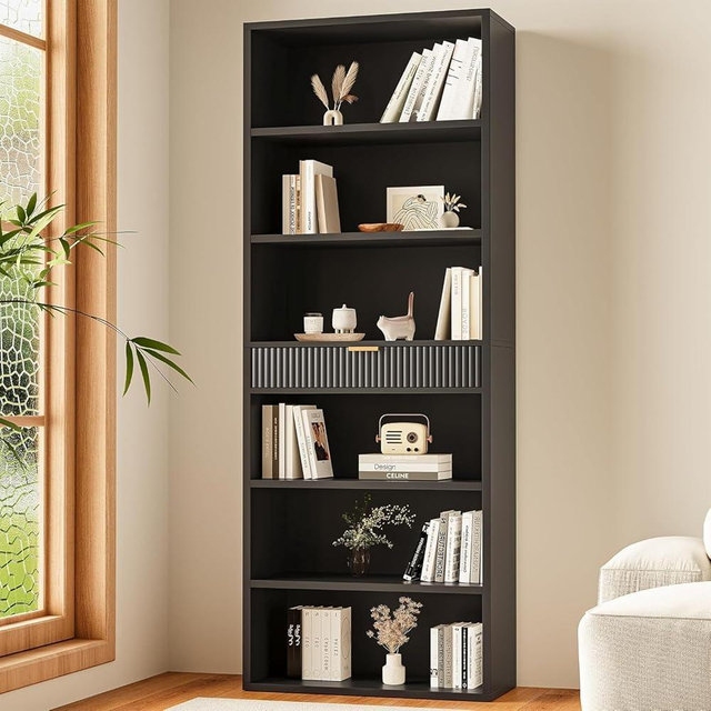 INNOD 7-Tier Bookshelf with Storage, 72" Tall Bookcase with Drawer, Display Book Shelf Book Organizer with Anti-tip Device, Home Decor Wood Furniture for Office, Bedroom, Living Room, Black