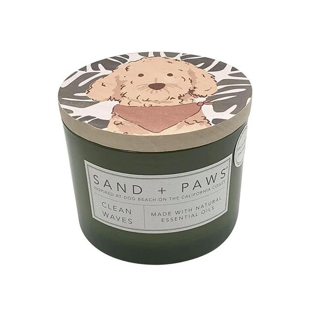Sand + Paws Clean Waves Scented Candles | Additional scents & Sizes | Made with Essential Oils | Neutralizes pet Odor | 12 oz | Wood lid with Painted Golden lab Puppy