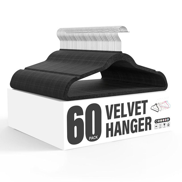 Simple Deluxe Velvet Hangers 60 Pack, Non-Slip Clothes Hangers with Shoulder Notches, 360° Swivel Hooks, Heavy Duty Coat Suit Hangers for Closet Space Saving, Black