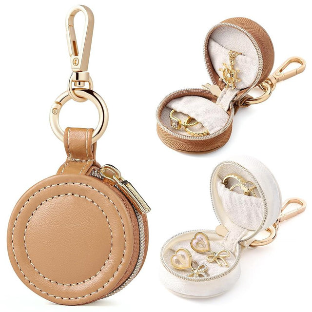 Oranllow 2 Pcs Portable Jewelry Ring Holder Boxs with Keychain, Small Jewelry Travel Sports Ring Keeper Case Earring Stud Necklace Storage Organizer Case (White+Khaki)