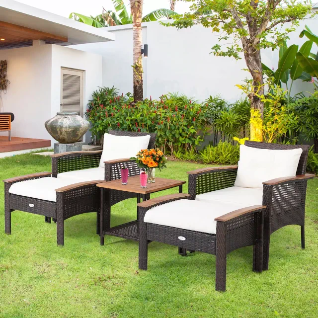 Costway 5PCS Patio Rattan Furniture Set Acacia Wood Table Armrest Cushion Yard