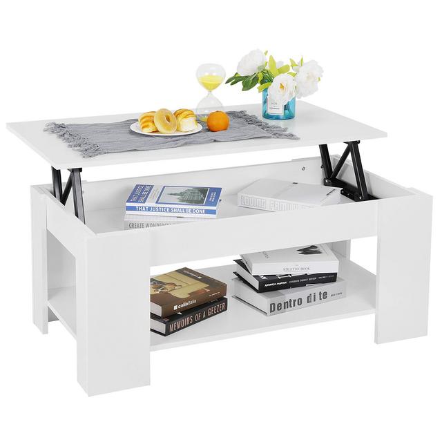 SUPER DEAL Lift Top Coffee Table w/Hidden Compartment and Storage Shelves Pop-Up Storage Cocktail Table(White)
