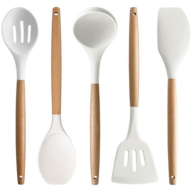 IOCBYHZ Silicone Kitchen Utensils Set of 5, Cooking Utensils Set w Heat Resistant Wooden Handle Non-Stick Silicone Turner Spatula Spoon Set, BPA FREE Kitchen Gadgets Utensils Set for Cookware & Baking