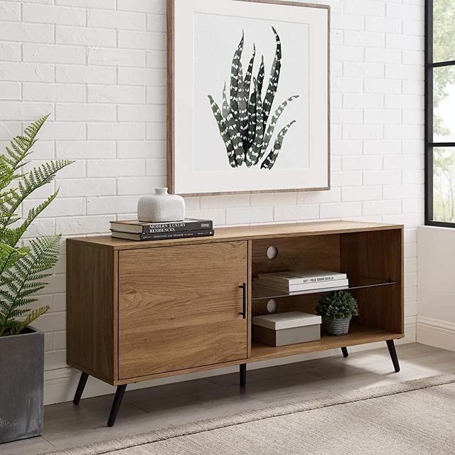 Walker Edison Mid Century Modern Wood Universal Stand for TV's up to 58" Flat Screen Cabinet Door and Shelves Living Room Storage Entertainment Center, 52 Inch, English Oak
