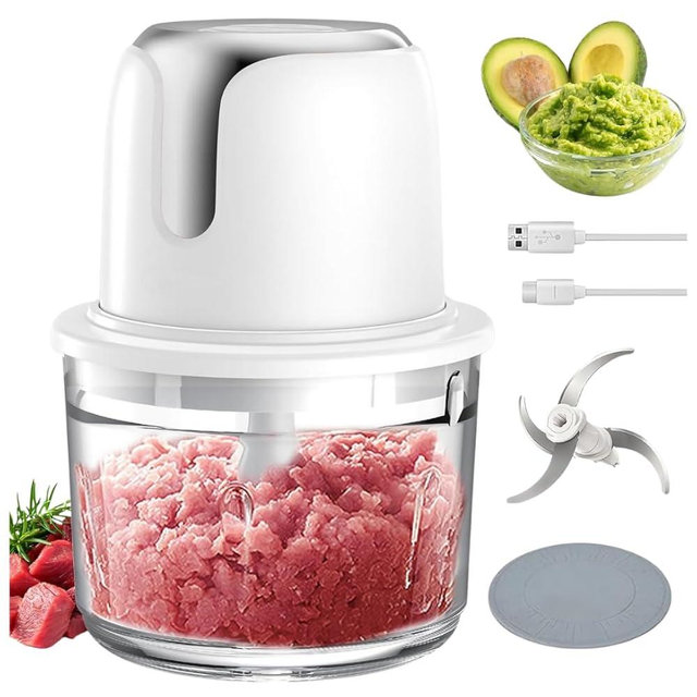 Electric Food Processor, 1.2L Cordless Meat Grinder, USB-C Rechargeable with 4500mAh Battery (Sliver)