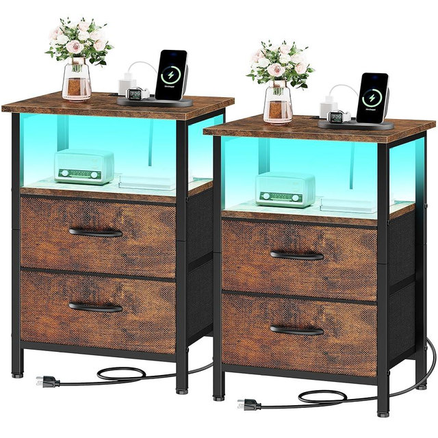 Vagusicc Nightstands Set of 2 Charging Station, End Tables with LED Lights, Bedside Table with 2 Fabric Drawers & Storage Shelves, 24.2" Tall Side Table Night Stand Set 2 for Bedroom, Rustic Brown